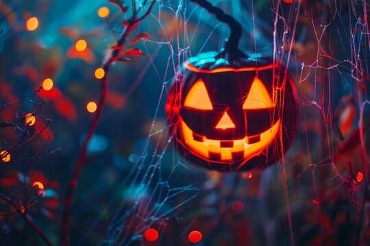 Neon glowing pumpkin head on abstract blurred bokeh background. festive Halloween background with cobwebs