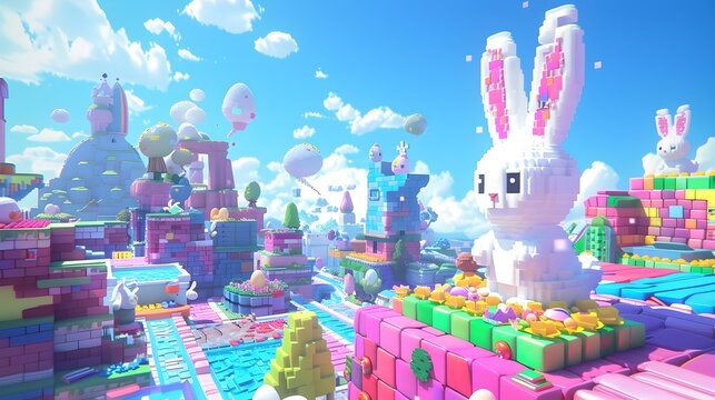 Easter Bunnies Towering Over a Voxel Art City, To provide a whimsical and entertaining Easter-themed digital illustration showcasing bunny rabbits
