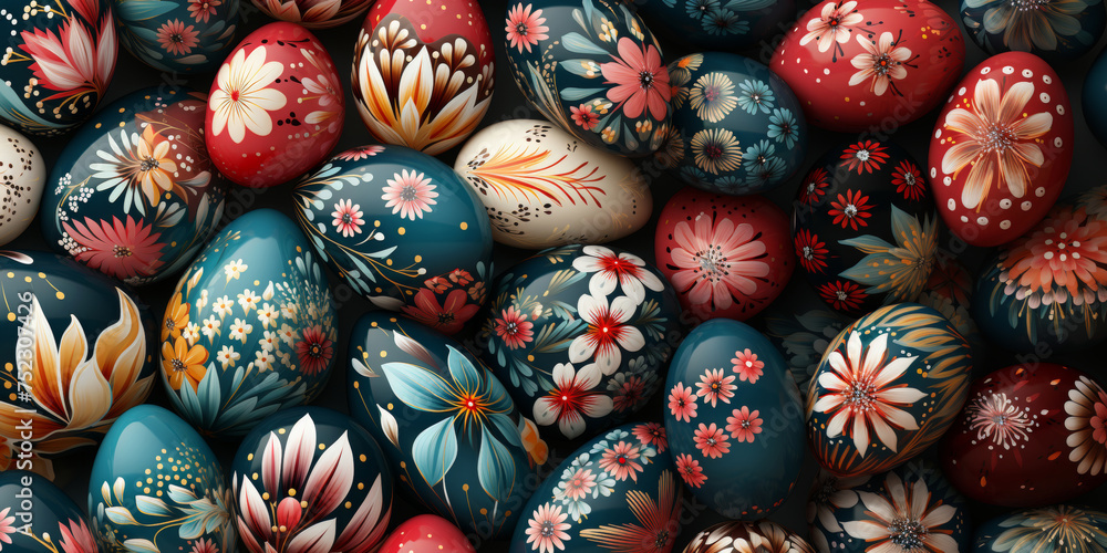 Poster an array of intricately painted easter eggs showcasing floral patterns.