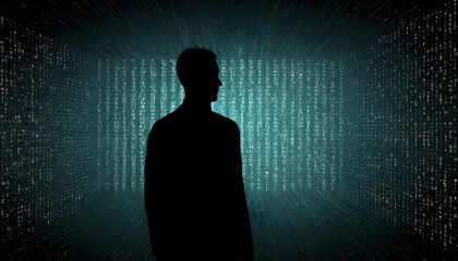 Futuristic banner, silhouette of a man in a blue color background with a backdrop of digital binary cording and backlit effect, bright light to highlight the shape of person  