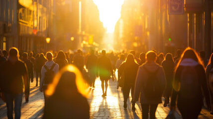 Crowds of people walking in the middle of the city at sunset