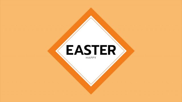 Vibrant orange background with a diamond shape outlined in white that contains the word Happy Easter in black letters, creating a bold and eye-catching image