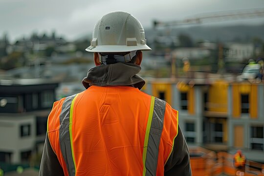A construction worker overseeing a new building development site