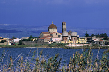 The town of Cabras, seen from the pond. Oristano, Sardinia. Italy
