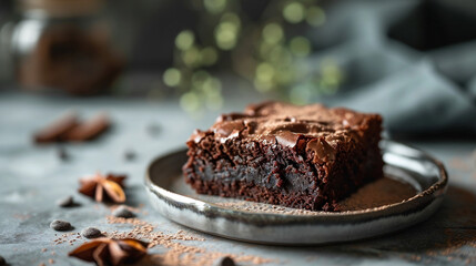 Single Brownie Chocolate Cake Piece on a Small Plate