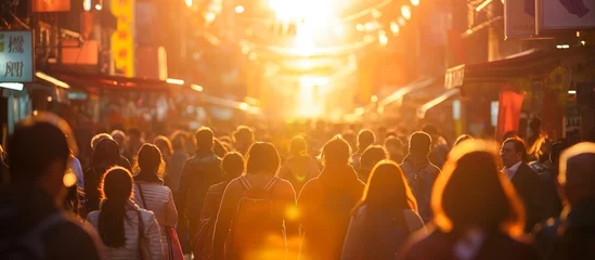 Foto op Aluminium Crowds of people walking in the middle of the city at sunset © kanurism