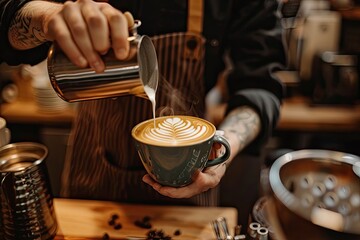 Fototapeta na wymiar A barista creating latte art in a cozy independent coffee shop