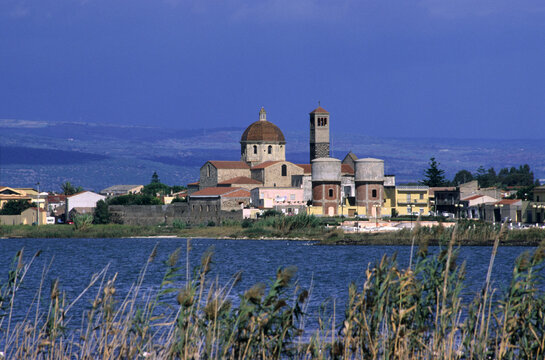 The town of Cabras, seen from the pond. Oristano, Sardinia. Italy