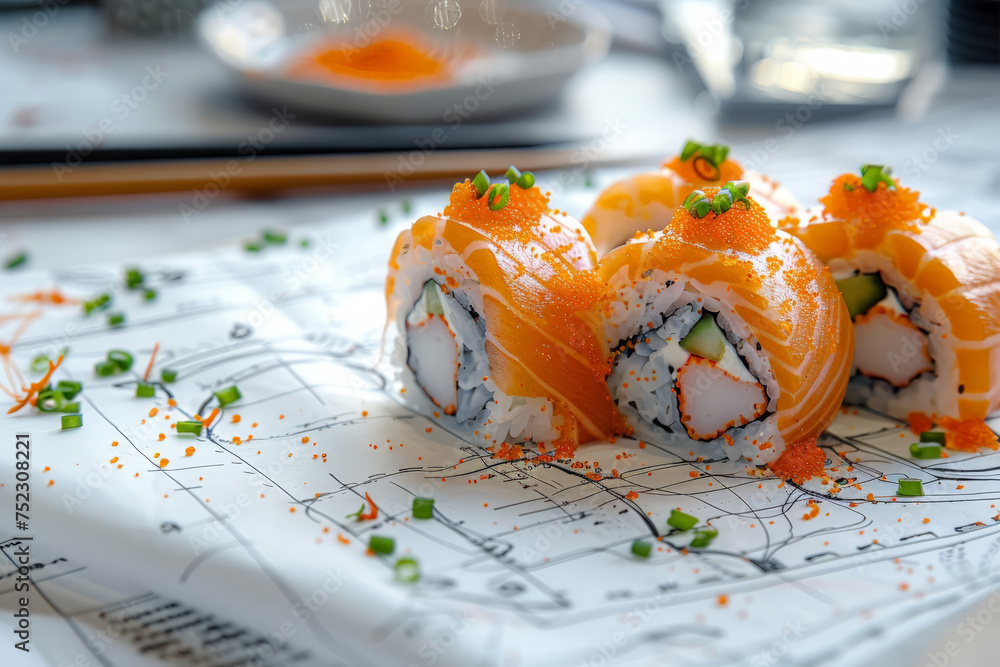 Aufkleber A colorful array of sushi varieties elegantly arranged on a sheet of paper, creating a visual feast for the eyes