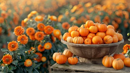 Foto auf Alu-Dibond A wooden bowl brimming with vibrant orange pumpkins, embodying the essence of falls abundance and warmth © nnattalli