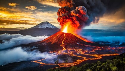 A volcano giant eruption, lava flowing out, natural disaster