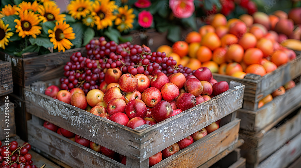 Poster A bountiful display of apples and various fruits overflowing from rustic wooden crates, showcasing the vibrant colors and textures of the harvest season