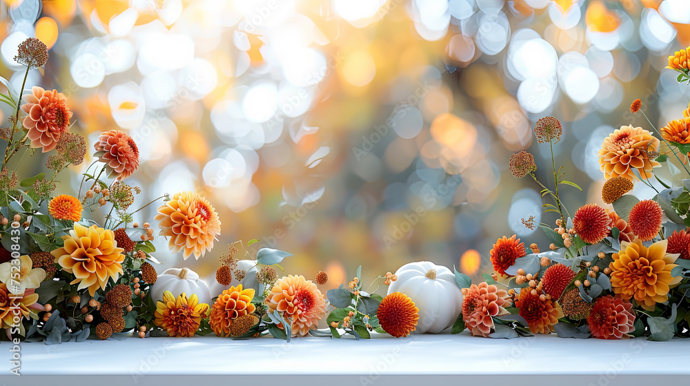Poster a table adorned with an abundance of colorful flowers and pumpkins in a whimsical and festive displa
