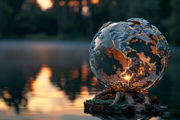 A close-up of a delicate, hand-crafted sculpture of the Earth, made entirely from recycled metals and plastics, illuminated by the soft, golden light of sunset on Earth Day.
