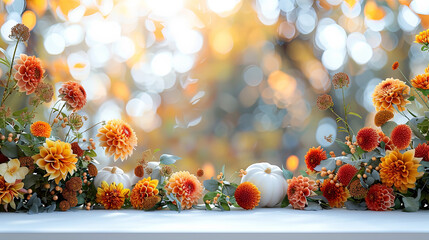 A table adorned with an abundance of colorful flowers and pumpkins in a whimsical and festive display - obrazy, fototapety, plakaty