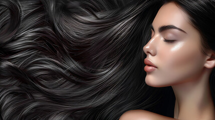 A woman with long black hair flowing in the wind, creating a mesmerizing and poetic scene of beauty and movement - obrazy, fototapety, plakaty