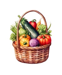 Watercolor illustration of a wicker basket with ripe vegetables isolated on white background.