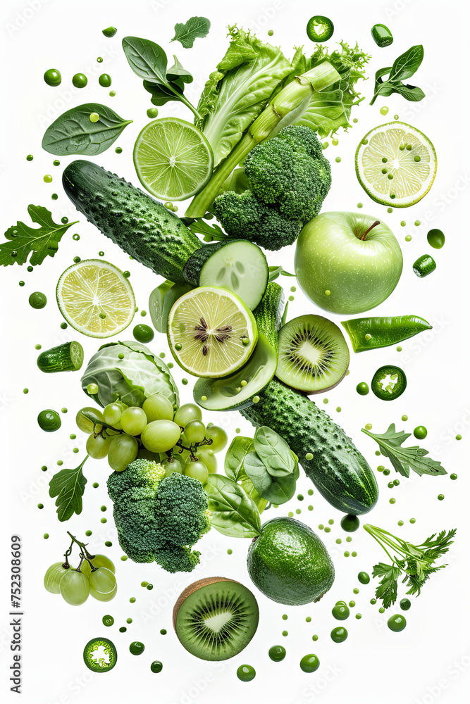 Poster A vibrant array of various fruits and vegetables resting on a pristine white background, showcasing the beauty and diversity of natures bounty