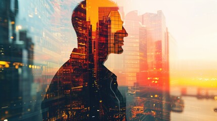 The double exposure image of the business man standing back during sunset overlay with cityscape image, The concept of modern life, business, city life and internet of things, generative ai - obrazy, fototapety, plakaty
