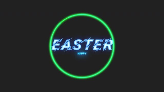 A circular design featuring the word Happy Easter in vibrant neon green letters, set against a black backdrop. A captivating and modern image with a festive spirit