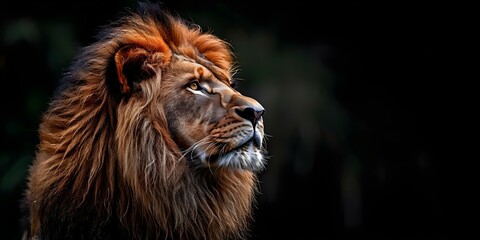 Fototapeta premium A powerful male lion struts confidently against a stark black backdrop. Concept Wildlife Photography, Lion Portrait, Animal Behavior, Bold and Majestic Animals