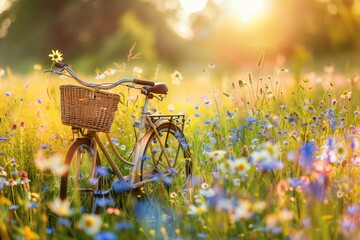 A charming bicycle, adorned with a wicker basket, standing in a lush spring meadow surrounded by a profusion of vibrant wildflowers. - obrazy, fototapety, plakaty