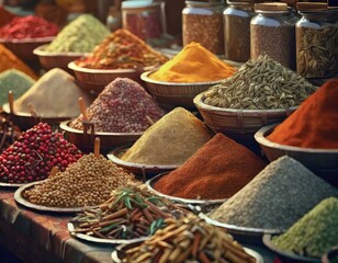 Close-up market stall selling many kind of spice, idea for local business vendor support - obrazy, fototapety, plakaty