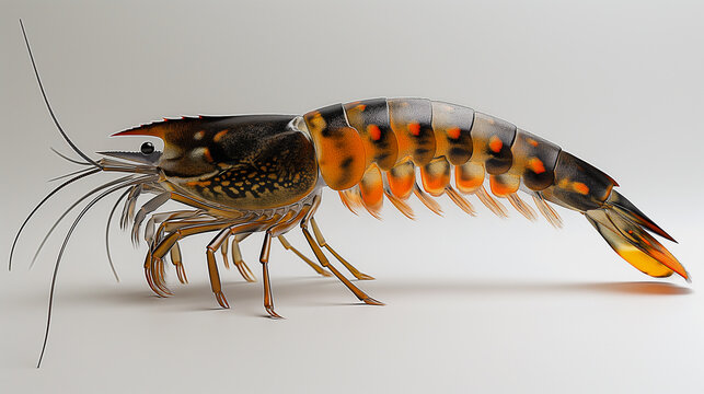 A black tiger shrimp is centered on a white background. Image generated by AI