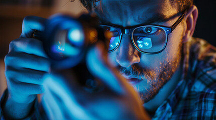 Portrait of a brutal bearded man in glasses with a flashlight. - obrazy, fototapety, plakaty
