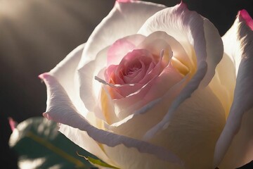 An extreme macro photo of a white and pink rose with dramatic shadow lighting to emphasize