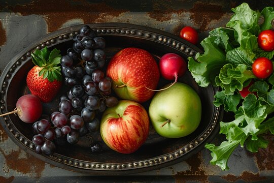 Vibrant and colorful fresh fruits arranged neatly on an ornate vintage metal tray against a rustic background