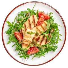 Grilled Halloumi Cheese and tomatoes salad isolated on white background. clipping path included