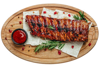 grilled spare ribs BBQ served on wooden cutting board, isolated on white background. clipping path...