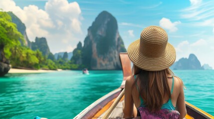 Close-up, Back view of woman tourist in a straw hat relaxing on the boat and looking forward into the sea