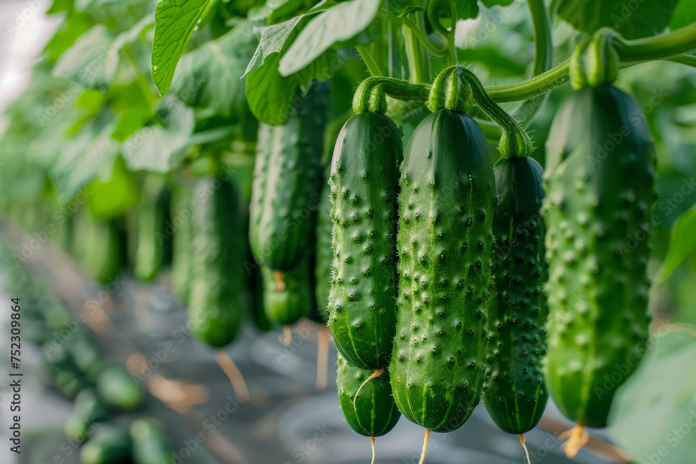 Poster a cluster of vibrant green cucumbers dangle gracefully from a lush, bountiful plant, creating a mesm
