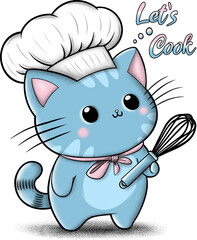 Cute cartoon cat chef with whisk and lettering let's cook