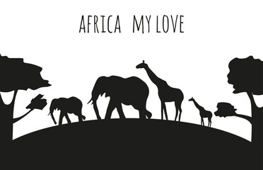 Big horizontal banner with African Animals. Simple black silhouette African giraffe and elephant isolated white background. Vector illustration can used web banner postcard. EPS 10