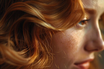 A close up of a woman head with vibrant red hair, exuding confidence and grace as she gazes directly at the viewer