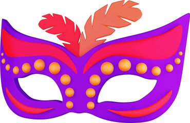 3D illustration render of a bright colored carnival mask with feathers on transparent background