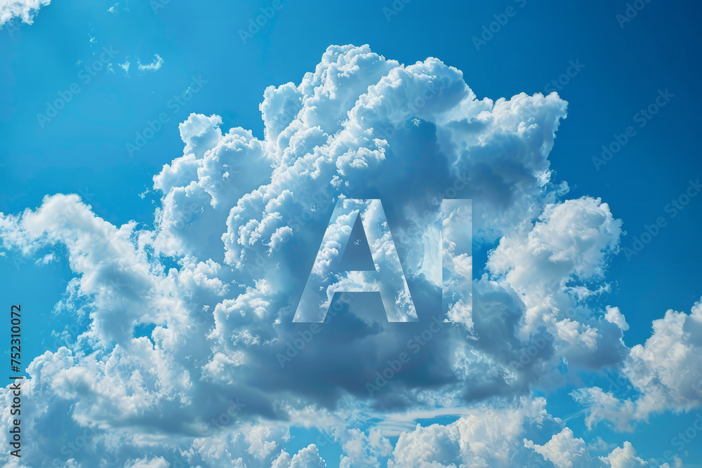 Poster a surreal and thought-provoking scene of a vast blue sky with fluffy white clouds, with the word ai 