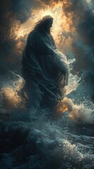 A dramatic portrayal of Jesus Christ standing in powerful waves, under a celestial sky at dusk, evoking a sense of divine presence.