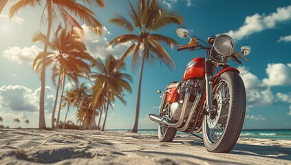 Obraz premium A classic red motorcycle parked by a serene sea landscape with tropical palm trees represents a peaceful retreat