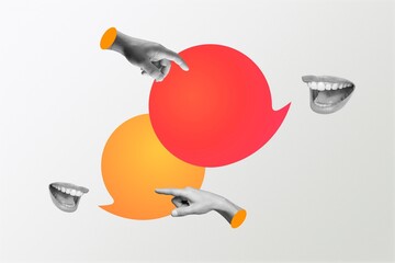 Collage picture of arms hold dialogue bubble