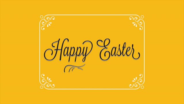 Celebrate Easter with this cheerful image featuring a yellow background, a white frame adorned with a black and white floral design, and the words Happy Easter in the center