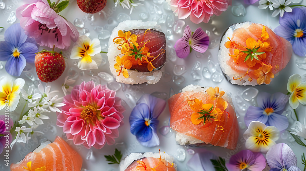 Poster a beautifully presented plate of sushi adorned with colorful flowers and juicy strawberries, creatin