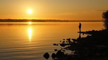 Fisherman Silhouette in a serene lake or river at dawn