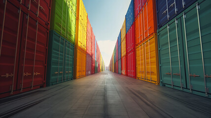Fototapeta premium Colourful cargo containers in a freight container terminal. Perspective view.