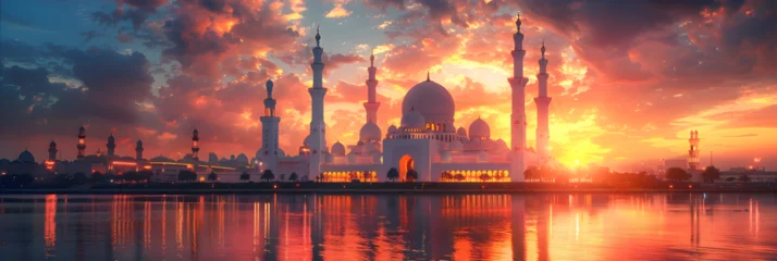 Fotobehang Golden Glossy Luxury Design of Mosque or Prayer , Muslim mosque with big pillars © john
