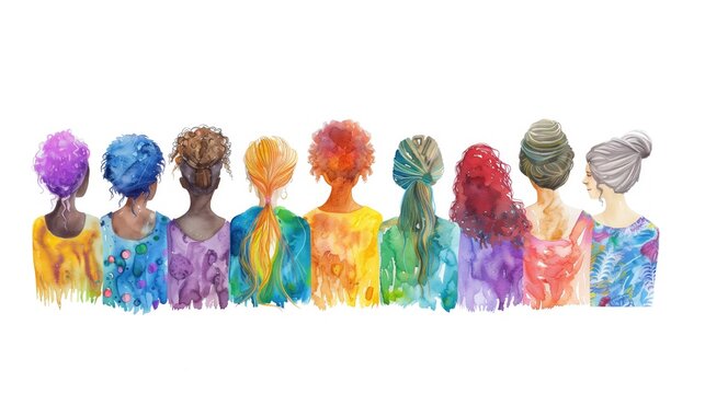 Backview of water colored paint collage of diverse women on Women's day March 8 of international descent artistic representation