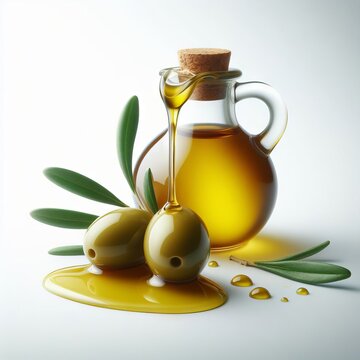 bottle of olive oil with olives on white background